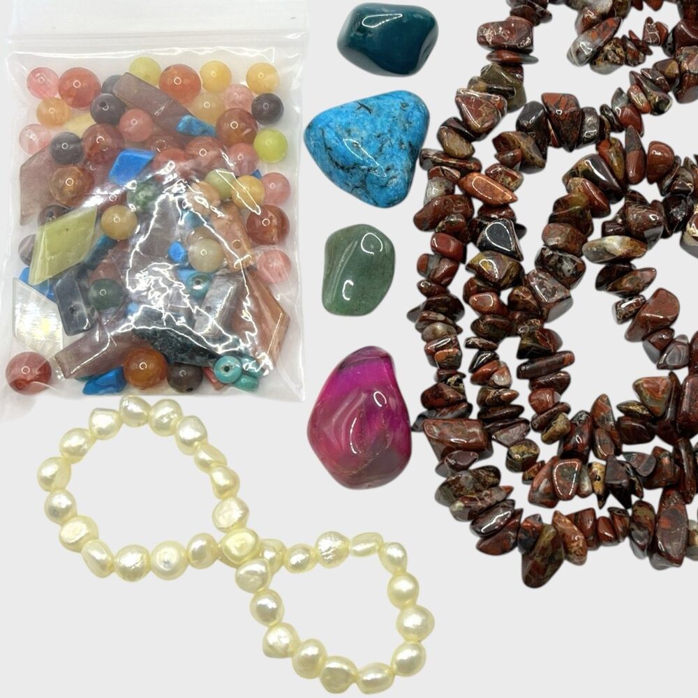 Mixed Lot Gemstone Beads Rocks Jewelry Crafting Supplies Jasper Pearl Agate Etc
